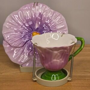 Vintage Teleflora Gift Ceramic Teacup & Pansy Flower Saucer w/ Stand Purple EUC